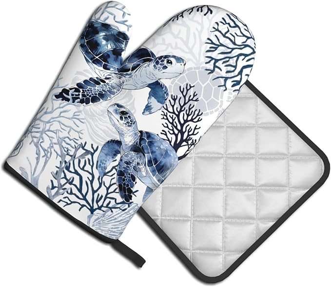 Coastal Oven Mitts and Pot Holders Sets of 2 Summer Kitchen Mitts Blue Sea Turtle Hot Pads for Cooking Baking Grilling - Image 2