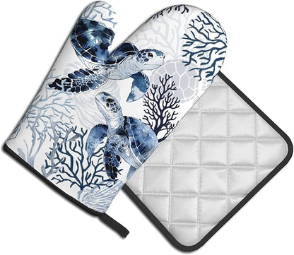 Coastal Oven Mitts and Pot Holders Sets of 2 Summer Kitchen Mitts Blue Sea Turtle Hot Pads for Cooking Baking Grilling - Image 2