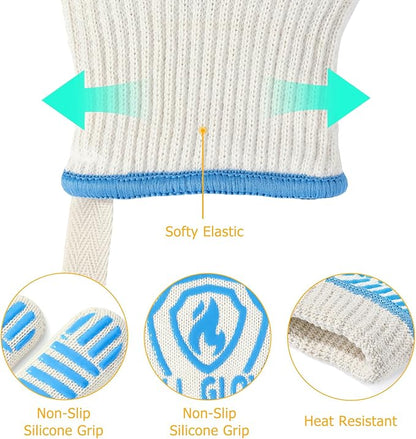QUWIN BBQ Gloves, Oven Gloves 1472℉ Extreme Heat Resistant, Grilling Gloves Silicone Non-Slip Oven Mitts, Kitchen Gloves for BBQ, Grilling, Cooking, Baking-1 Pair… (Blue, One Size(Long Cuff)) - Image 2