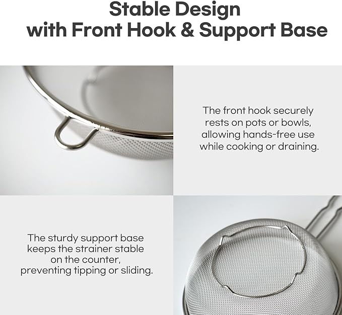 8″ Stainless Steel Fine Mesh Strainer with Feet – Standing Colander with Handle for Strain, Sift, Drain & Rinse Vegetables, Fruits & Pasta - Image 2