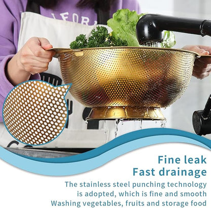 Kyraton Gold Colander 5 Quart, Professional Titanium Gold Plating Stainless Steel Strainer with Heavy Duty Handles and Self Draining Solid Ring Base, Easy Clean and Dishwasher Safe