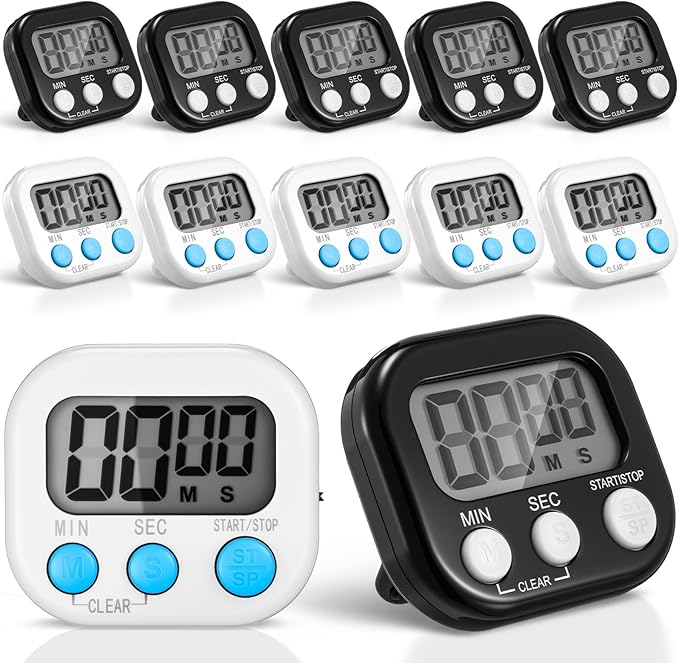 Xuhal 12 Pieces Digital Kitchen Timer Bulk, Small Magnetic Timers for Classroom, Digits Stopwatch Clock Timer for Cooking Baking Sports Games Office, Not Including Battery (Black,White) by Xuhal