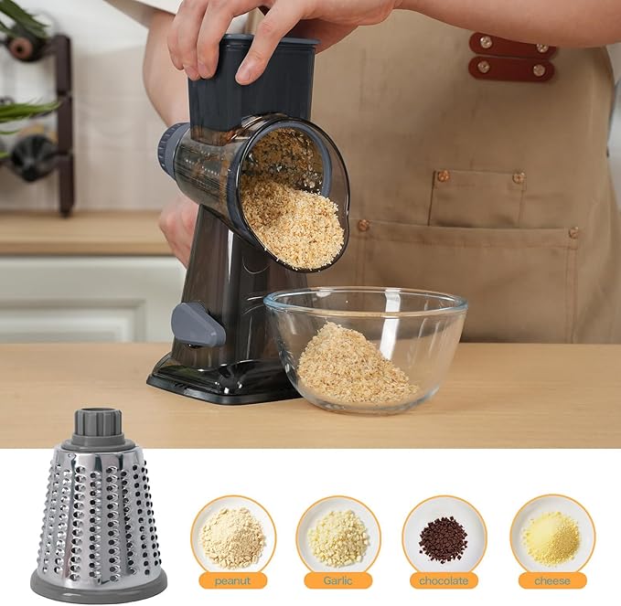 Rotary Cheese Grater with Handle-Versatile Cheese Grater Non-Slip Suction Base,Cheese Shredder & Food Slicer for Cheese,Carrots, Cucumbers,Nuts-Compact & Easy Clean Kitchen Kitchen Tool (Gray)