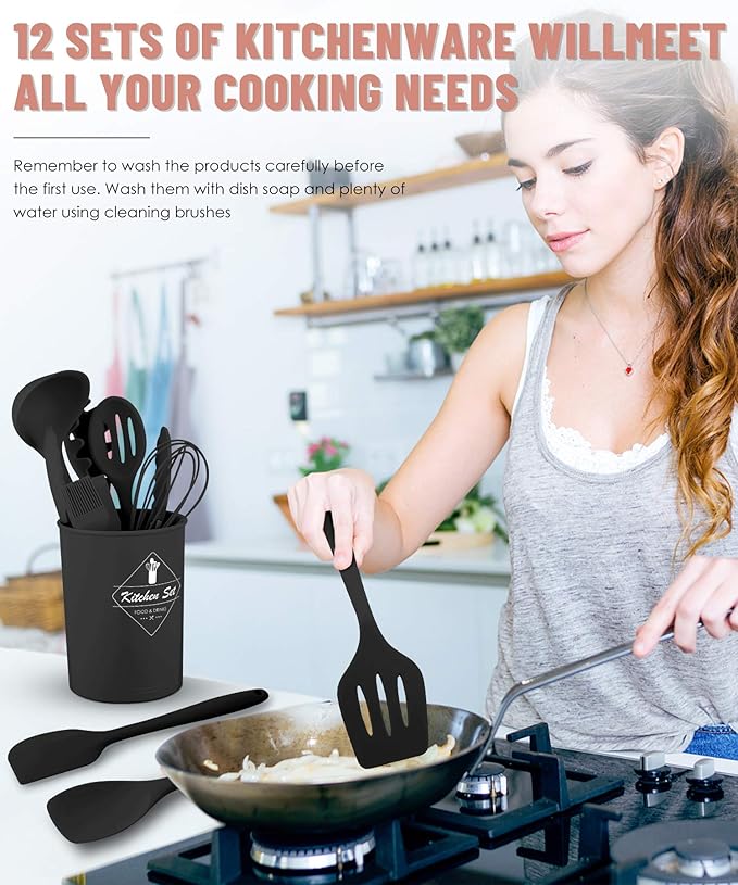 Pranski Kitchen Utensils Set-12 Pieces Silicone Cooking Utensils Set Dishwasher Safe 392°F Heat Resistant Spatula Set Nonstick Cookware - Image 7
