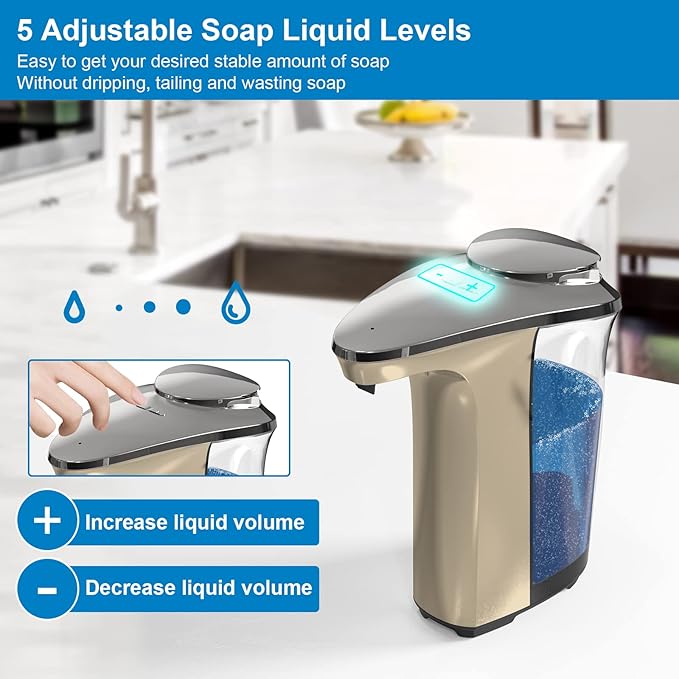 PZOTRUF Automatic Soap Dispenser, Touchless Dish Soap Dispenser 17oz/500ml with Infrared Sensor, 5 Adjustable Soap Dispensing Levels, Liquid Hand Dispenser for Bathroom Kitchen Sink(Champagne Gold) - Image 4