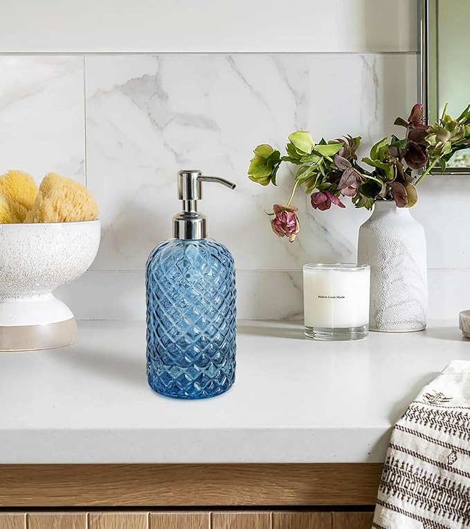 JASAI 18Oz Gem Patterned Glass Soap Dispenser for Kitchen and Bathroom, Refillable with Rust Proof Stainless Steel Pump (Blue) - Image 3
