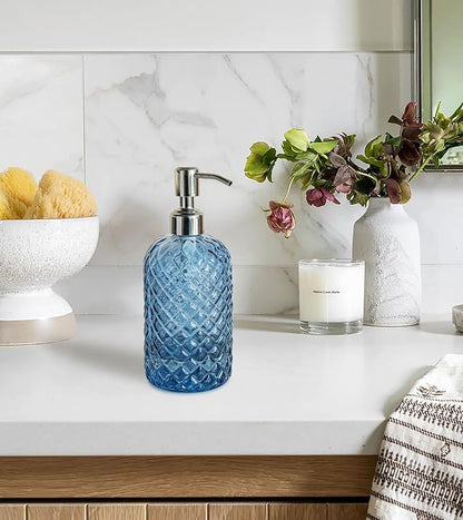 JASAI 18Oz Gem Patterned Glass Soap Dispenser for Kitchen and Bathroom, Refillable with Rust Proof Stainless Steel Pump (Blue) - Image 3