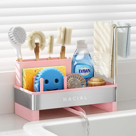 Nacial Sponge Holder for Kitchen Sink, Sink Caddy Organizer with High Brush Holder & Two Towel Racks - Rustproof 304 Stainless Steel Kitchen Countertop Storage Essentials - Pink by NacialPromise-Consumersfirstalways