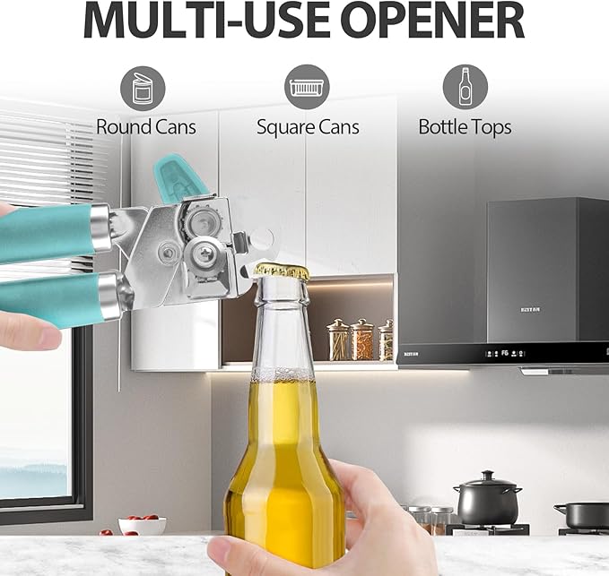 Safring Can Opener Manual, Heavy Duty Handheld Strong Can Opener with Soft Touch Handle, Sharp Blade Smooth Edge, Can Openers with Multifunctional Bottle Opener, Aqua Sky - Image 5