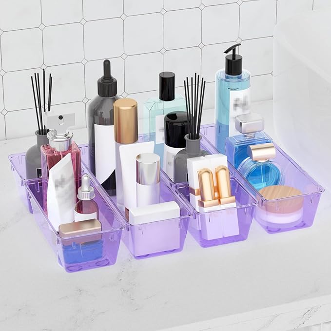 WOWBOX 6 Pack Clear Drawer Organizer Set, Acrylic Drawer Storage Trays, Storage Bins for Makeup, Cosmetics, Jewelries, Utensils, Gadgets, Office, Purple - Image 6