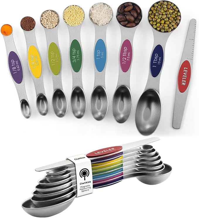 ChefAide Pack of 8 Stainless Steel Magnetic Measuring Spoons Set, Dual Sided, Stackable, Adjustable Teaspoon and Tablespoon Measure Spoon with Leveler, Kitchen Gadgets by ChefAide