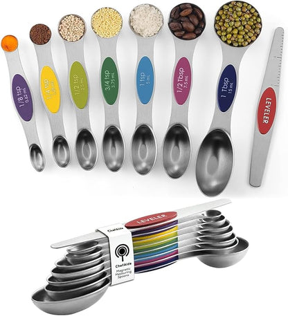 ChefAide Pack of 8 Stainless Steel Magnetic Measuring Spoons Set, Dual Sided, Stackable, Adjustable Teaspoon and Tablespoon Measure Spoon with Leveler, Kitchen Gadgets by ChefAide