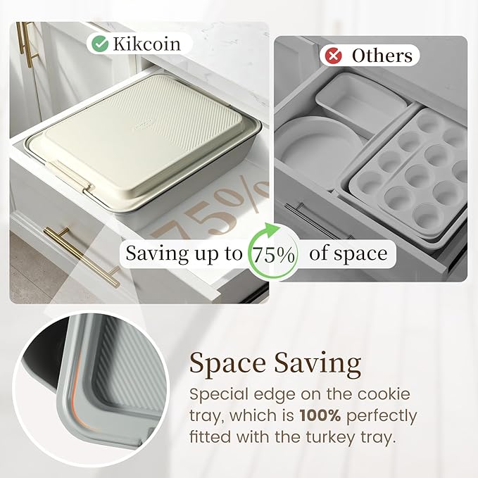 Kikcoin 25 PCS Stackable Baking Pans Set, Non-stick Bakeware Sets with Silicone Handles, 450°F Oven Safe Cookie Sheets for Baking, Easy Release Heavy-duty Baking Sheets Non Stick, Cream - Image 3
