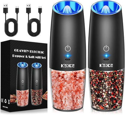 Rechargeable Pepper and Salt Grinder Set, whit Gravity Sensing Switch and LED Light, One Hand Automatic Operation -Black/2 Pack