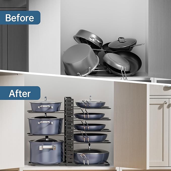 ORDORA Pots and Pans Organizer under Cabinet 14.55 Height, Adjustable 8-Tier Pot Organizers inside Cabinet, Kitchen Organizers and Storage Fit 6-11 inch Lightweight Cookware - Image 7