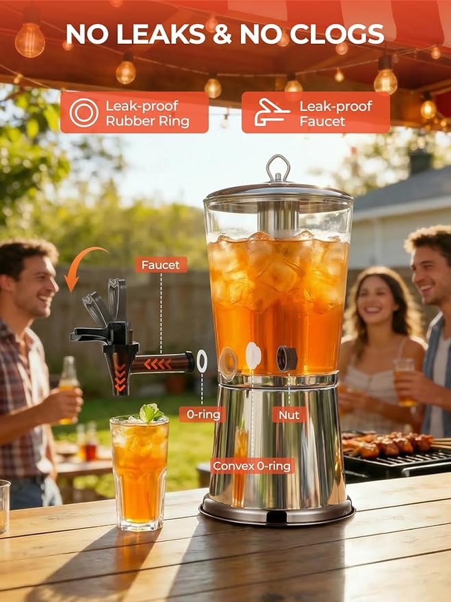 Beverage Dispenser With Stand, Stainless Steel Drink Dispenser for Parties, 2 Gallons drink dispenser with Ice Core & Spigot, Clear Acrylic Water Juice Jug for Home, Buffet, Weddings & Outdoor Events