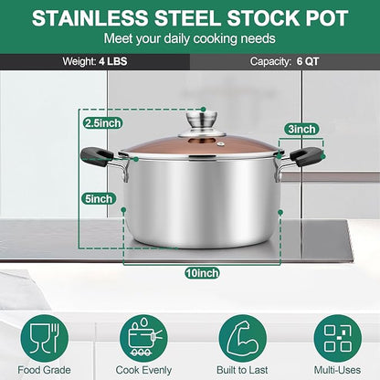 TeamFar Stock Pot 6 qt, Stainless Steel Stock Pasta Soup Pot with Lid, Double Bakelite Heat-Proof Handles & Tempered Glass Lid, Dishwasher Safe & Easy Cleanup, Non-Toxic & Healthy - Image 2