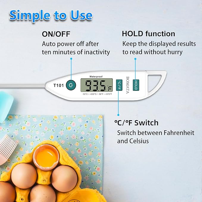 BOMATA Waterproof IPX7 Thermometer for Water, Liquid, Candle and Cooking. Instant Read Food Thermometer with Long Probe for Cooking, Meat, BBQ! T101 White - Image 5