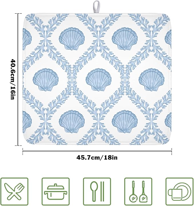 Summer Sea Shell Drying Mat 18x16 Inch, Light Blue Drying Mat with Absorbent Reversible Microfiber, Coastal Dish Drainer Mats Holiday Ocean Rack Pad for Coffee Countertop Kitchen Protector