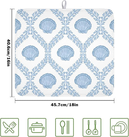 Summer Sea Shell Drying Mat 18x16 Inch, Light Blue Drying Mat with Absorbent Reversible Microfiber, Coastal Dish Drainer Mats Holiday Ocean Rack Pad for Coffee Countertop Kitchen Protector