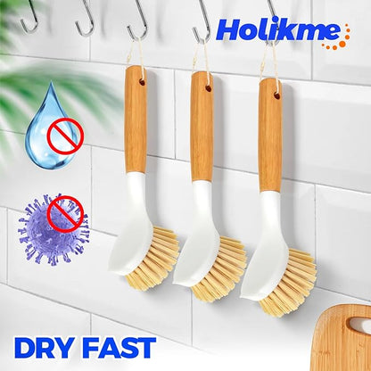 Holikme 3 Pack Dish Brush Set with Bamboo Handle, Kitchen Cleaner for Cleaning Pot, Pan, Sink and Stove, Scrubber with Medium Bristles, Yellow - Image 5