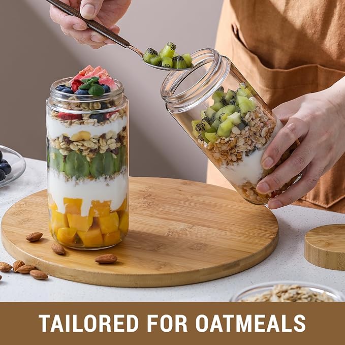 NETANY 4-pack 24oz Glass jars with Airtight Lids, Overnight Oats Containers with Bamboo Lids, Wide mouth Mason Salad jars, Glass Food Storage Containers for Snacks Yogurt Spice Sugar - Image 4