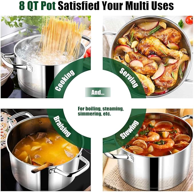 P&P CHEF 8 Quarts Cooking Stock Pot with Lid, Stainless Steel Stockpot Induction Pot for Soup, Tri-Ply Bottom & Clear Glass Lid & Double Handle, Dishwasher Safe - Image 6