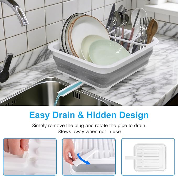 Collapsible Dish Drying Rack with Drain Plug Tube, Portable Dish Drainers for Kitchen Counter, Folding Dish Rack Over Sink Drying Dinnerware,Kitchen Sink Organizer Travel Trailer RV Camping Essentials - Image 2