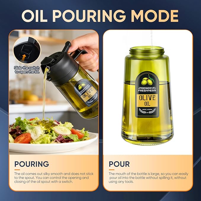 2 in 1 Olive Oil Sprayer for Cooking, 16 Oz Olive Oil Dispenser Bottle for Kitchen, Fits Air Fryers, Salads, BBQ & More