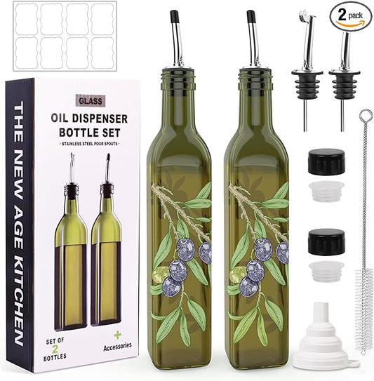 COOLMI Oil and Vinegar Dispenser Set - 17oz/500ML Premium Glass Olive Oil Dispenser Bottles for Kitchen, Oil Dispenser for Kitchen (Olive) by COOLMI