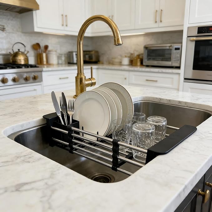 Stainless Steel Expandable Over Sink Dish Drying Rack | 11.4–18.5 inch Adjustable Drain Rack | Heavy-Duty 44LBS Capacity | Durable ABS Kitchen Organizer