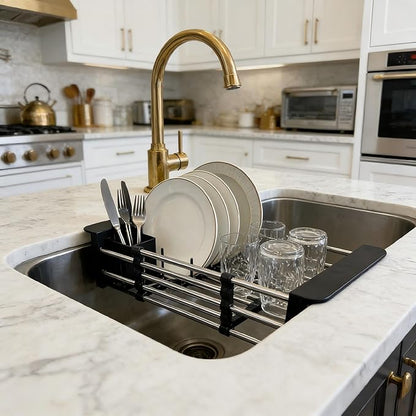 Stainless Steel Expandable Over Sink Dish Drying Rack | 11.4–18.5 inch Adjustable Drain Rack | Heavy-Duty 44LBS Capacity | Durable ABS Kitchen Organizer