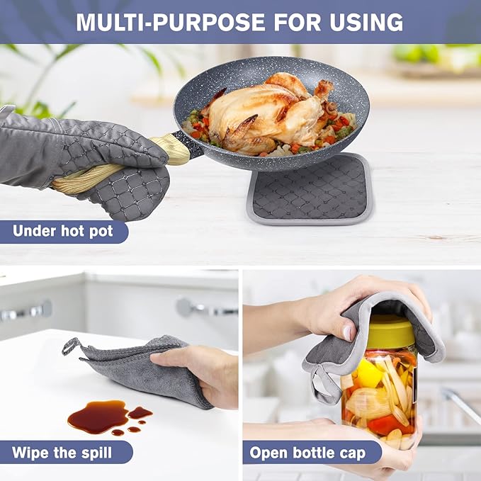 6 Pcs Oven Mitts and Pot Holders, 500℉ Heat Resistant Oven Mitts with Kitchen Towels Soft Cotton Lining and Non-Slip Silicone Surface Safe for Baking, Cooking, BBQ (Grey) - Image 5