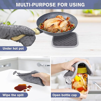 6 Pcs Oven Mitts and Pot Holders, 500℉ Heat Resistant Oven Mitts with Kitchen Towels Soft Cotton Lining and Non-Slip Silicone Surface Safe for Baking, Cooking, BBQ (Grey) - Image 5