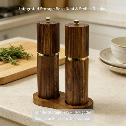 8 Inch Wooden Salt and Pepper Grinder Set, Adjustable Coarseness, Acacia Wood Pepper Mill Manual, Salt and Pepper Shakers Matching Wooden Tray, Multi Purpose Grinder - Image 5