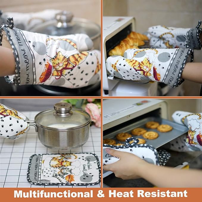 Oven Mitts and Pot Holders Sets, Funny Kitchen Oven Mitts Heat Resistant of 500 Degrees, Pure Cotton Hot Pads and Oven Mitts Sets for Baking,Cooking,BBQ Grilling-White Cat(4Pcs Set)
