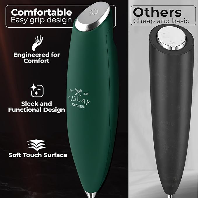 Zulay Kitchen Patented Tornado Triple Whisk Milk Frother with 4 Duracell Batteries – Handheld Foam Maker for Coffee, Lattes, Matcha & Hot Chocolate – Rich, Creamy Froth in Seconds - Dark Green - Image 4