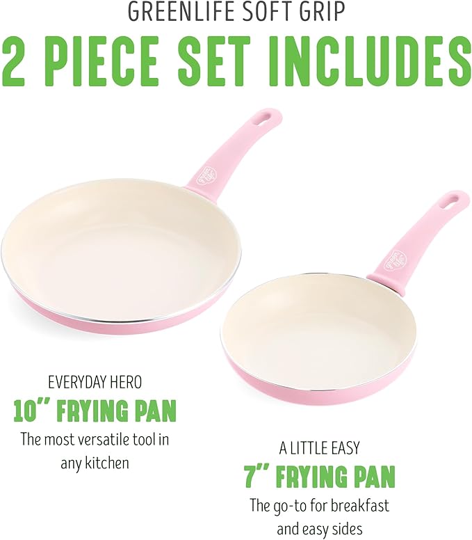 GreenLife Non Stick Fry Pan Set (7" & 10"), Non-Toxic PFAS-Free Ceramic Skillets, Dishwasher & Oven Safe, Egg Omelet Frying Pans, Stay- Cool Handles, Kitchen Home Cooking Essentials, Pink - Image 3