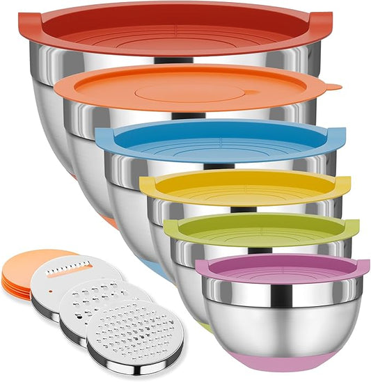 Fyrnova Mixing Bowls with Lids Set, 6 Piece Stainless Steel Nesting Storage Bowls for Kitchen, with 3 Grater Attachments & Non-Slip Bottoms, Size 5.5,3.5,2.5,2.1,1.5,1.1 QT by Fyrnova