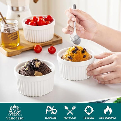vancasso 8 oz Ramekins with Lid, Porcelain Creme Brulee Souffle Dishes, White Pudding Custard Cups Ramiken for Baking, Dishwasher and Oven Safe, Set of 6 - Image 5