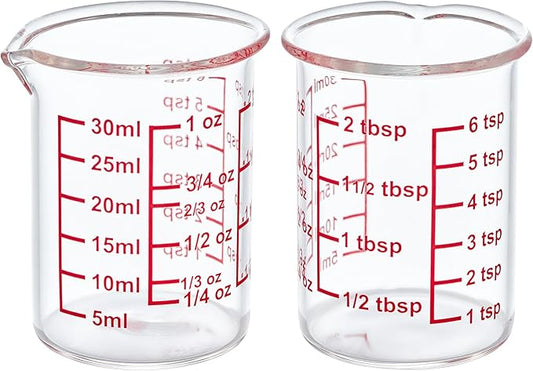 High Borosilicate Glass Measuring Cup with V-Shaped Spout, 30ml (1oz) | Pack of 2 – Precision Glass Measuring Cup for Kitchen & Bar by AckersBORO33