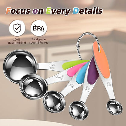 10-Piece Measuring Cups and Spoons Set, 304 Stainless Steel with Color-Coded Silicone Handles, Engraved Metric/US Measurements, Stackable & Detachable, Dishwasher Safe