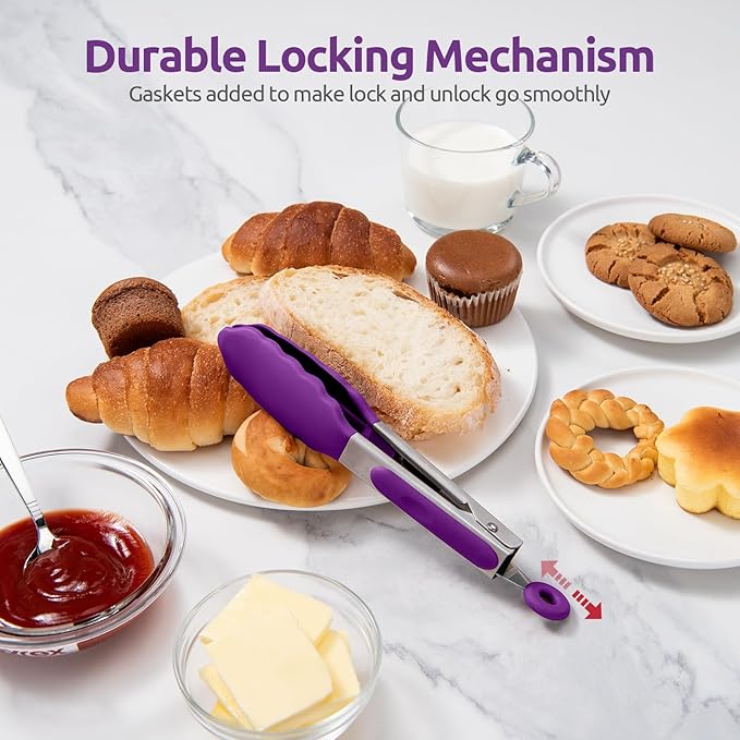 600ºF Heat Resistant Kitchen Tong: U-Taste 7 inch Silicone Cooking Tong with Firm Sealed Non Stick Rubber Tips & Silicon Coated 18/8 Stainless Steel Handle & Smooth Locking for Serving Salad (Purple) - Image 7