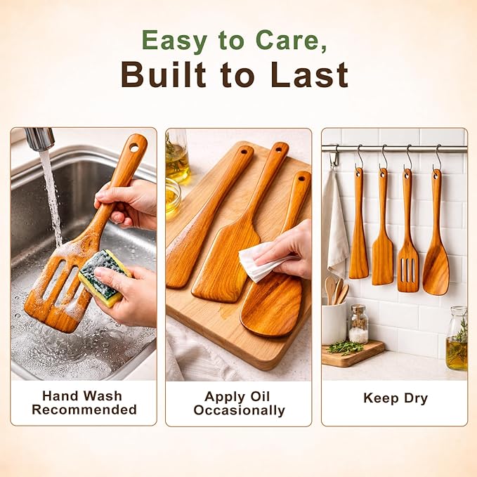 Wooden Kitchen Utensil Set, 4-Piece Teak Wood Cooking Utensils for Nonstick Cookware, Spatula, Slotted Turner and Scraper, Natural Wooden Tools for Everyday Cooking