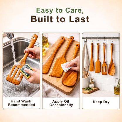 Wooden Kitchen Utensil Set, 4-Piece Teak Wood Cooking Utensils for Nonstick Cookware, Spatula, Slotted Turner and Scraper, Natural Wooden Tools for Everyday Cooking