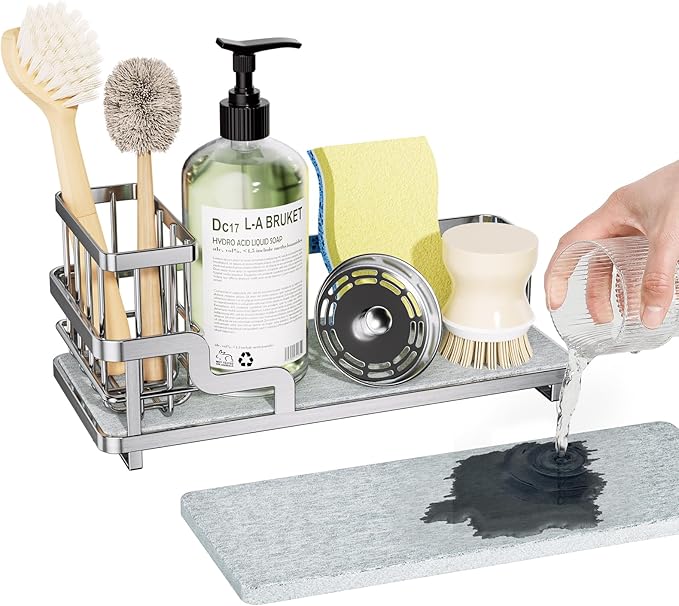 Consumest Sponge Holder for Kitchen Sink - Sink Caddy Organizer with Water Absorbing Stone Tray, Detachable Brush Holder, Stainless Steel Kitchen Counter Organizer Rack, Silver by Consumest