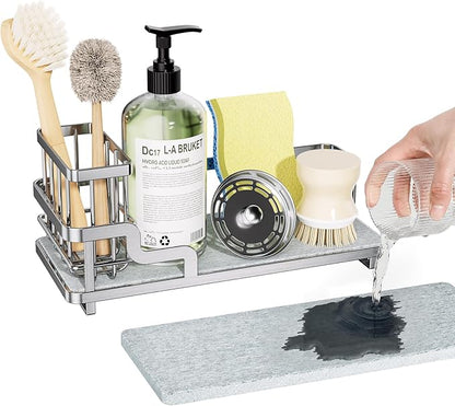 Consumest Sponge Holder for Kitchen Sink - Sink Caddy Organizer with Water Absorbing Stone Tray, Detachable Brush Holder, Stainless Steel Kitchen Counter Organizer Rack, Silver by Consumest