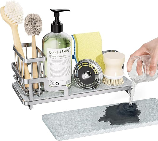 Consumest Sponge Holder for Kitchen Sink - Sink Caddy Organizer with Water Absorbing Stone Tray, Detachable Brush Holder, Stainless Steel Kitchen Counter Organizer Rack, Silver by Consumest