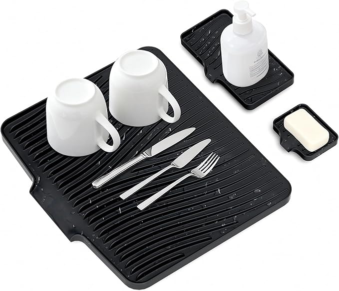 Silicone Dish Drying Mat for Kitchen Counter, Dish Drying Pad, Non-Slip Drain Pad with Built-in Drain, Heat Resistant Stone Drying Mat by COPLIB