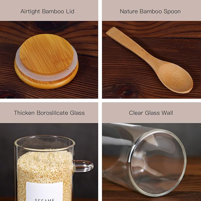 8 Pcs Glass Containers with Bamboo Lids and Spoons - 10 oz Sugar Container with 148 Kitchen Pantry Spice Jar Labels Preprinted - Glass Spice Jars with Wooden Lids Hold Coffee, Tea, Candy, Herbs - Image 6